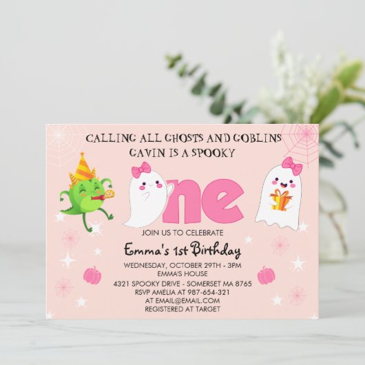 すべての幽霊たちとゴブリンの最初の誕生日ピンク 招待状 (スタンド正面)