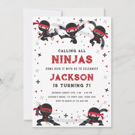 すべての忍者武術アーツボーイ誕生日 招待状 (正面)