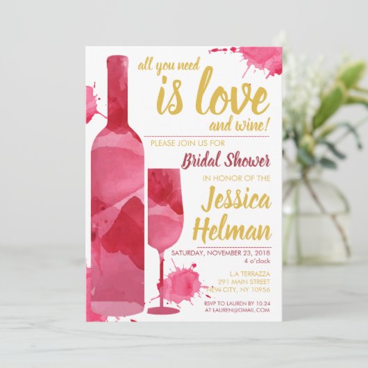 すべての愛ワインのPlashの水彩画のブライダルシャワー 招待状 (スタンド正面)