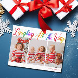 すべての方法で笑う虹3クリスマスフォト シーズンポストカード<br><div class="desc">美しい、カラフル3写真クリスマスポストカードと笑いオールウェイに虹の草書体かわいらしのスクリプト。あなたの名前や赤お気に入りので挨拶の上にあなたの笑顔の子供の3つの垂直な家族の写真でカスタムパーソナライズ。おもしろいと陽気な休日はがき。</div>