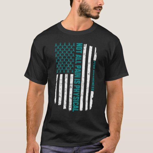 すべての痛みは物理的なPTSD認識度ティール(緑がかった色)Ribbo Tシャツ (正面)