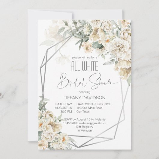 すべての白いブライダルシャワー銀のフレームフローラ 招待状 (正面)