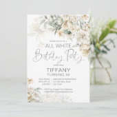 すべての白い誕生日パーティシルバーホワイトフローラ 招待状 (スタンド正面)