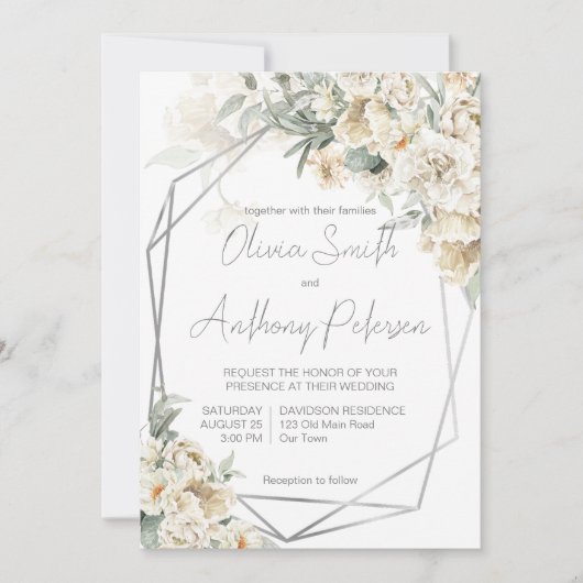 すべての白い銀フレーム白いフローラ結婚 招待状 (正面)