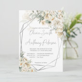 すべての白い銀フレーム白いフローラ結婚 招待状 (スタンド正面)