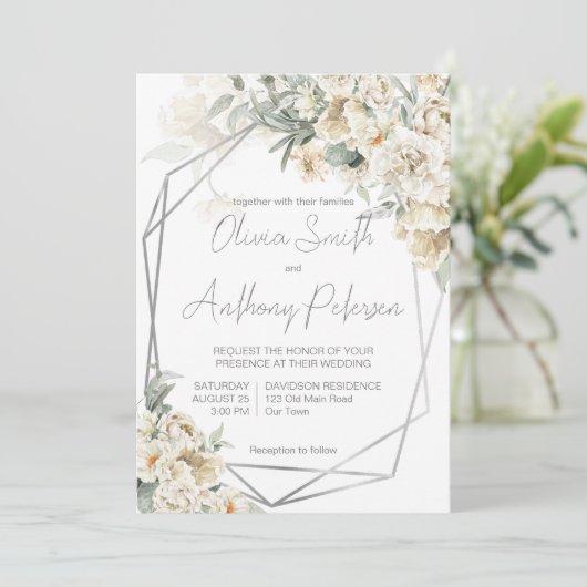 すべての白い銀フレーム白いフローラ結婚 招待状 (スタンド正面)