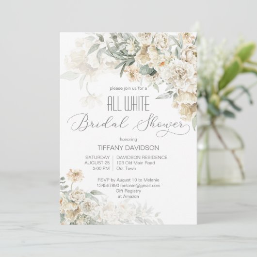 すべての白ブライダルシャワーシルバーホワイトフローラ 招待状 (スタンド正面)
