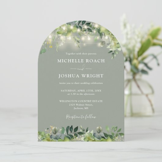 すべての緑のアーチのライトのセージ緑結婚の 招待状 (スタンド正面)