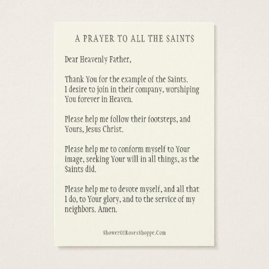 すべての聖人の日祈りの言葉伝統的神聖カード (裏面)