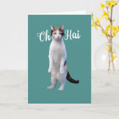 すべての行事さんが"こんにちは”とかわいい立ち猫カード カード (黄色い花)