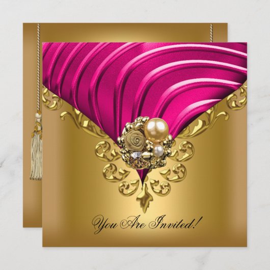 すべての行事エレガントピンク金ゴールド 招待状 (正面/裏面)
