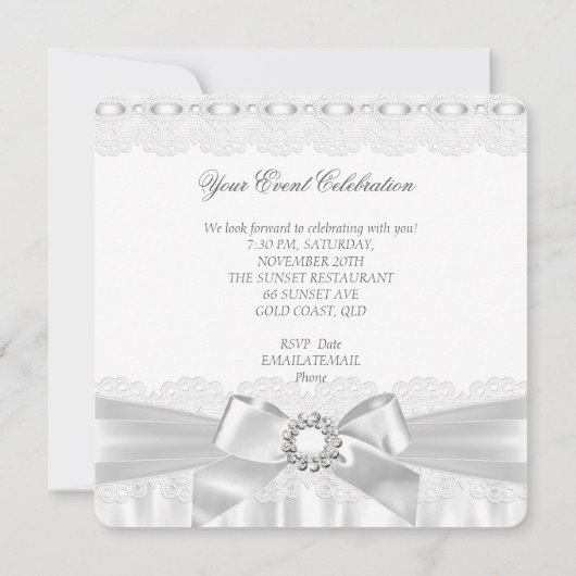 すべての行事シルバーホワイトレースボウエレガントパーティー 招待状 (裏面)