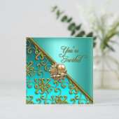 すべての行事パーティーエレガントアクアティール（緑がかった色）ブルー金ゴールド 招待状 (スタンド正面)