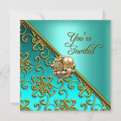 すべての行事パーティーエレガントアクアティール（緑がかった色）ブルー金ゴールド 招待状 (正面)