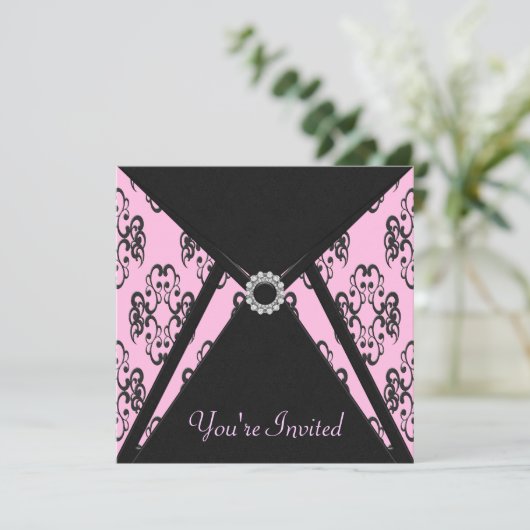 すべての行事ピンクブラックダマスク招待状テンプレート 招待状 (スタンド正面)