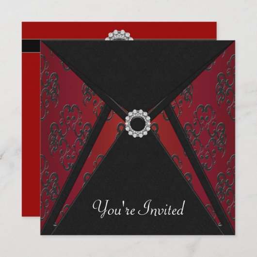 すべての行事ブラックダマスクレッド招待状テンプレート 招待状 (正面/裏面)