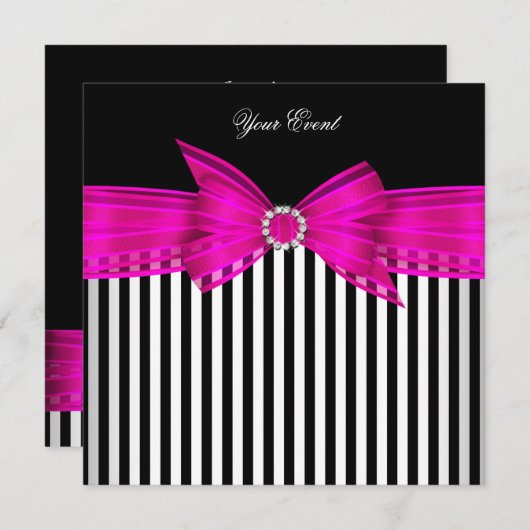すべての行事ホットピンク白黒ストライプパーティー 招待状 (正面/裏面)