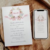 すべての要素が1つにまとめられた水彩画の摂政様式の紋章とQRコードの結婚式 招待状