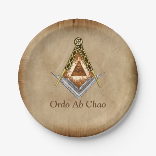 すべての見る目が付いている手描きの正方形そしてコンパス ペーパープレート (正面)