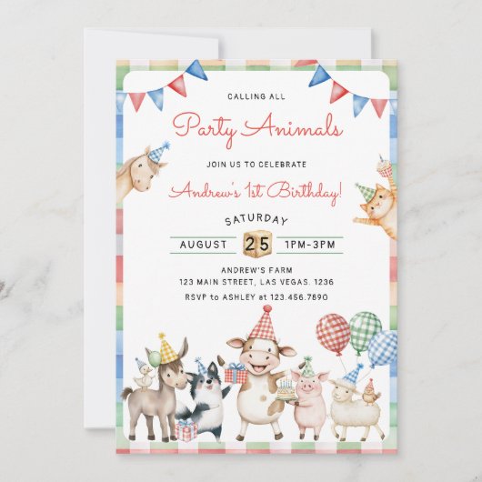 すべての誕生日を呼び出すかわいいパーティー動物たち 招待状 (正面)