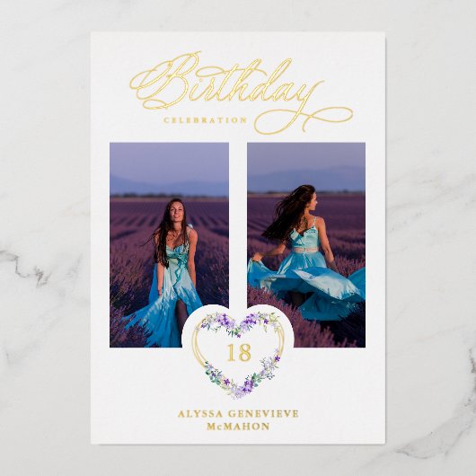 すべての誕生日実在薄紫金ゴールド2写真フローラハート 箔招待状 (正面)