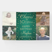 すべての誕生日応援ブラシ付き緑と金ゴールド4写真 横断幕 (横)