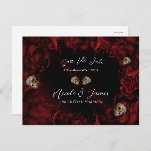 すべての赤いバラ&スカルダークフローラ日付を保存 案内ポストカード (正面/裏面)