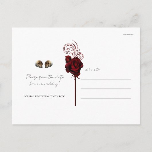 すべての赤いバラ&スカルダークフローラ日付を保存 案内ポストカード (裏面)