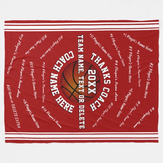 すべての選手の名前,バスケットボールのコーチのためのギフト,赤 フリースブランケット (正面(横))