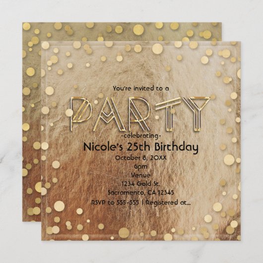 すべての金ゴールドグラムフォイルフェイク紙吹雪パーティの招待状 招待状 (正面/裏面)