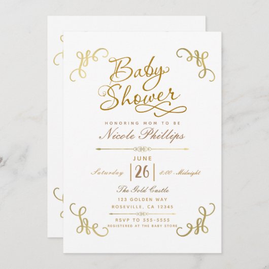 すべての金ゴールドホイフェイクルベビーシャワースクリプトタイプ 招待状 (正面/裏面)