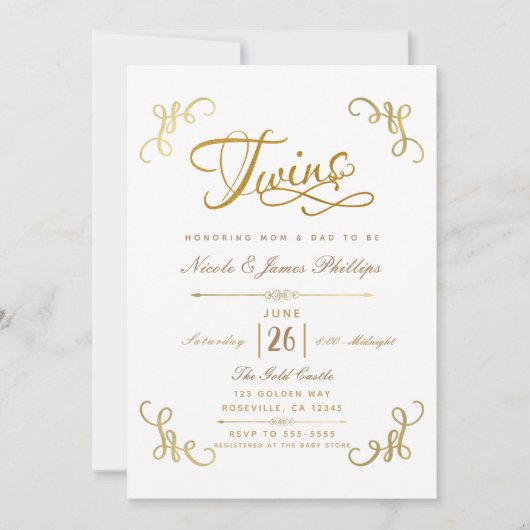 すべての金ゴールドホイフェイクルベビーシャワーTWINSスクリプトタイプ 招待状 (正面)