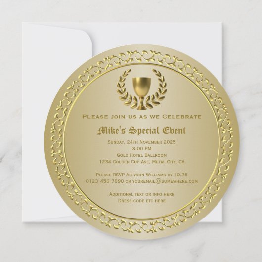 すべての金ゴールド賞の金コップの月桂樹のリースのモノグラム 招待状 (裏面)