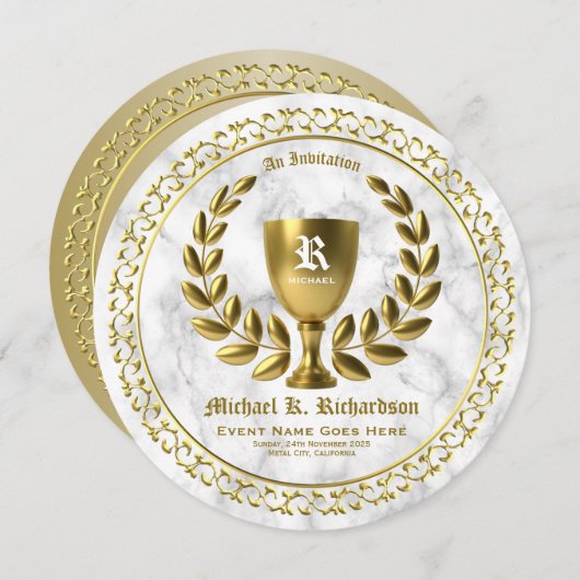 すべての金ゴールド賞の金コップの月桂樹のリースのモノグラム 招待状 (正面/裏面)