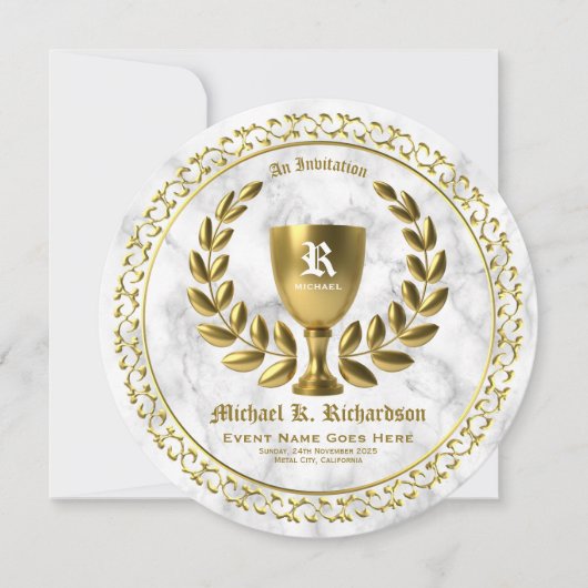すべての金ゴールド賞の金コップの月桂樹のリースのモノグラム 招待状 (正面)