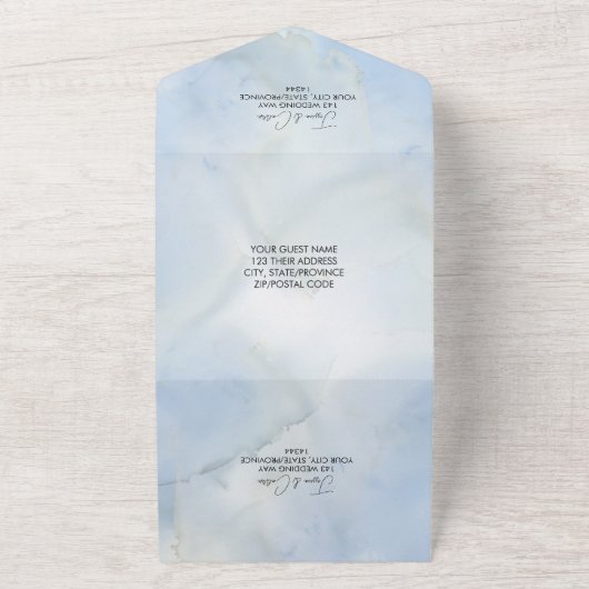 すべての青ミニマルと白の結婚式の招待 オールインワン招待状 (外側)