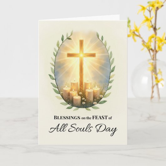 すべての魂の日は、クロスろうそくを持つ恵みを饗宴 カード (黄色い花)