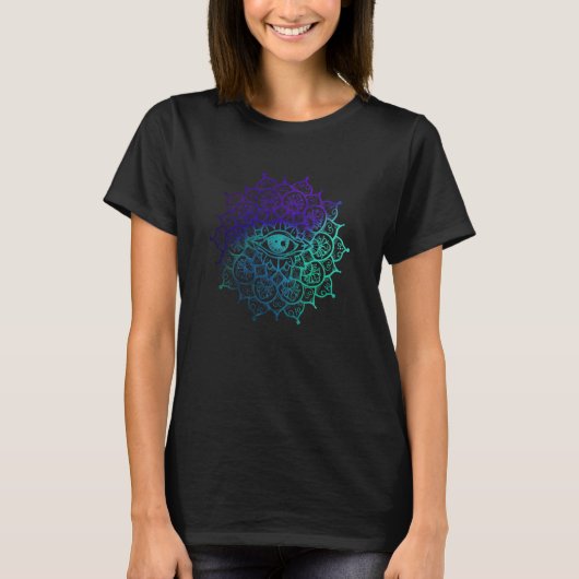 すべてを見通す目 神秘の花 マンダラ アート ヨガ オーム M Tシャツ (正面)