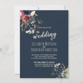 すべてエレガントの1つのネイビーブルゴーニュバラ金ゴールド結婚 招待状 (正面)