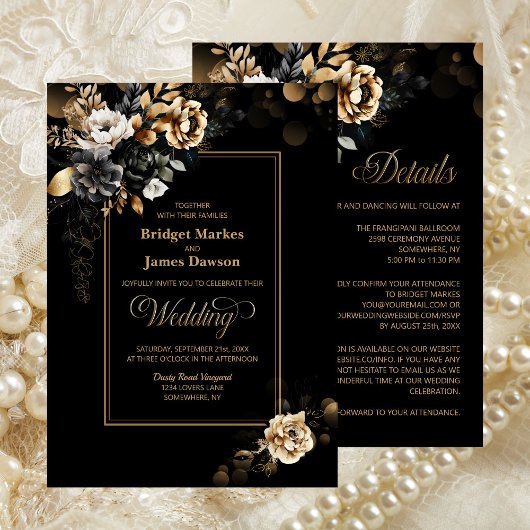 すべてエレガントの1つの黒い金ゴールドフローラ結婚 招待状