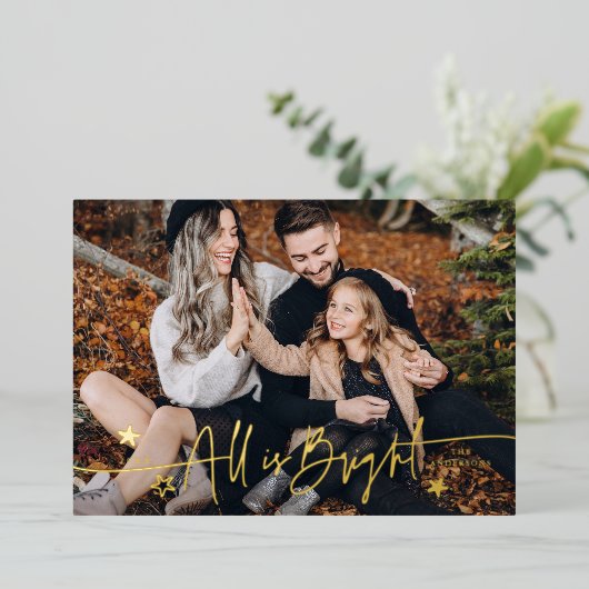 すべてエレガントは明るいスクリプトのクリスマス写真 箔シーズンカード (立ち正面)