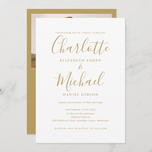 すべてシックな金ゴールドスクリプトフォト結婚ズ 招待状 (正面/裏面)