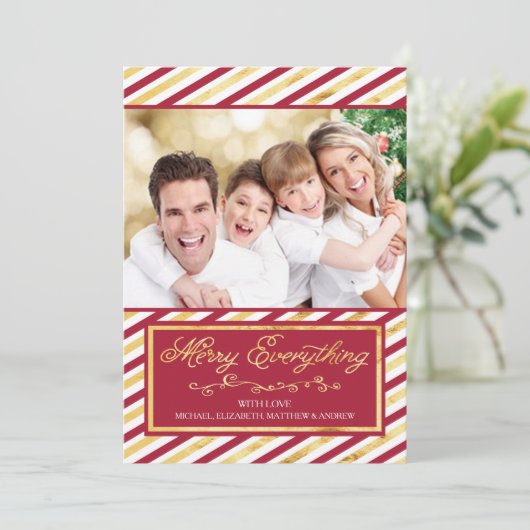 すべてメリーの赤と金ゴールドのストライプフォトカード シーズンカード (スタンド正面)