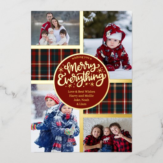 すべてメリーの4写真タータンチェック格子赤と金ゴールド 箔シーズンカード (正面)