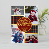 すべてメリーの4写真タータンチェック格子赤と金ゴールド 箔シーズンカード (立ち正面)