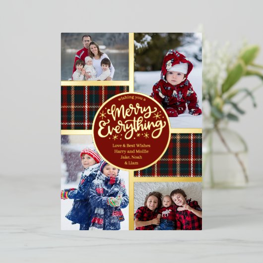 すべてメリーの4写真タータンチェック格子赤と金ゴールド 箔シーズンカード (立ち正面)