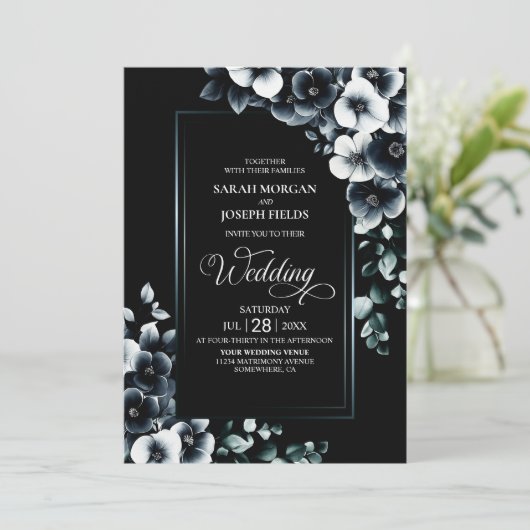 すべてモダンの白黒のフローラの結婚 招待状 (スタンド正面)