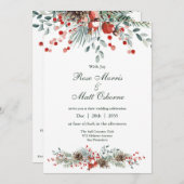 すべて一つで，松の枝と赤い果実。クリスマス 招待状 (正面/裏面)