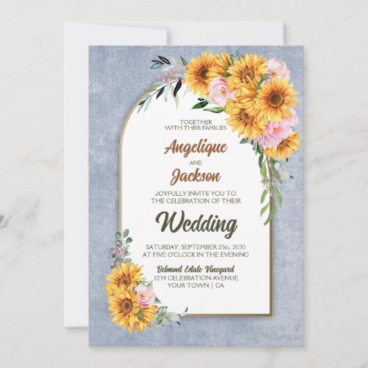 すべて一つのひまわりピンクのローズグレーアー結婚チ 招待状 (正面)