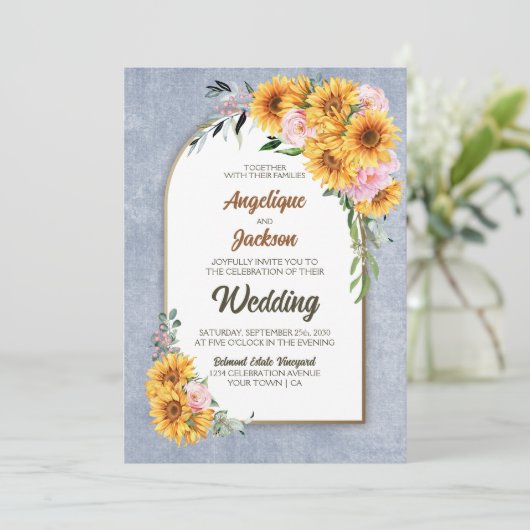 すべて一つのひまわりピンクのローズグレーアー結婚チ 招待状 (スタンド正面)